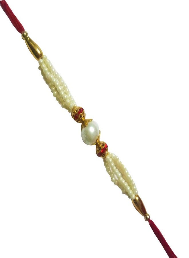 Aahum Magpie Different Pattern Pearl Beads Rudraksha Fabric Rakhi Set with Roli Chawal for Brother Bhaiya Bhabhi (Multicolour) - Pack of 5 Rakhis - Image 2