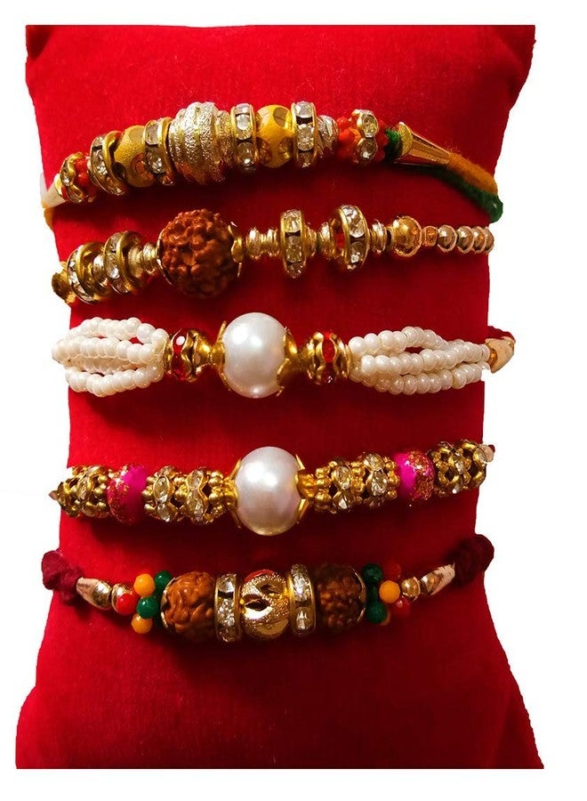Aahum Magpie Different Pattern Pearl Beads Rudraksha Fabric Rakhi Set with Roli Chawal for Brother Bhaiya Bhabhi (Multicolour) - Pack of 5 Rakhis - Image 1