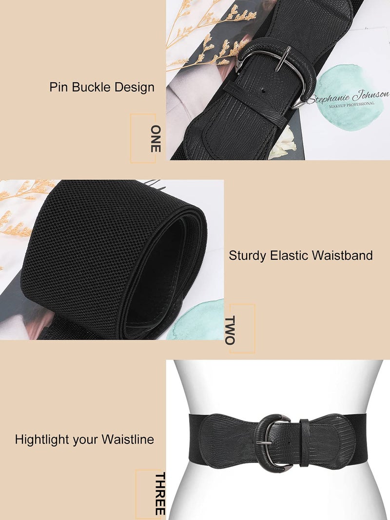 WHIPPY 3 Pack Women Wide Elastic Waist Belt Vintage Stretchy Belt Waistband for Ladies Dresses, Black/Brown/Beige, M - Image 3