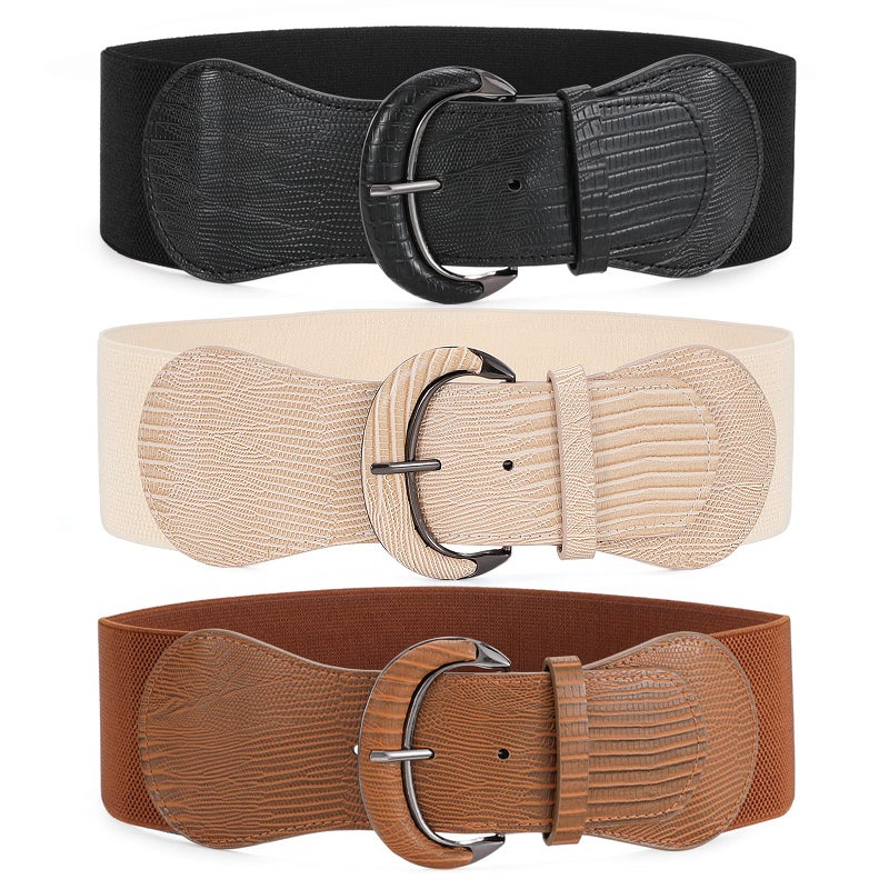 WHIPPY 3 Pack Women Wide Elastic Waist Belt Vintage Stretchy Belt Waistband for Ladies Dresses, Black/Brown/Beige, M - Image 1