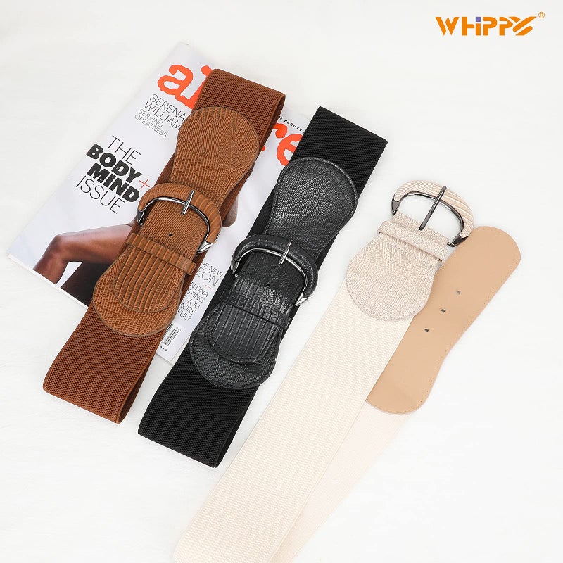WHIPPY 3 Pack Women Wide Elastic Waist Belt Vintage Stretchy Belt Waistband for Ladies Dresses, Black/Brown/Beige, M - Image 5
