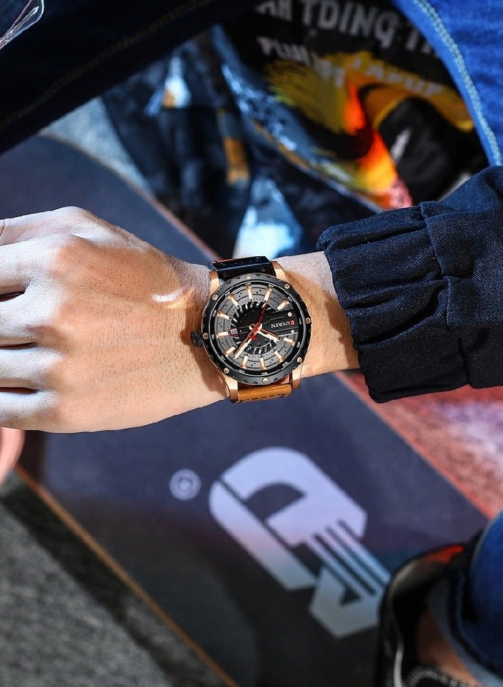 كارين سوار جلد جينيون مقاوم للماء للرجال مع ساعة كوارتز كوارتز كورين 8374 ساعة يد كوارتز CURREN 8374 حزام جلدي - 48 مم - بني - Image 5