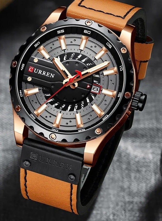 كارين سوار جلد جينيون مقاوم للماء للرجال مع ساعة كوارتز كوارتز كورين 8374 ساعة يد كوارتز CURREN 8374 حزام جلدي - 48 مم - بني - Image 3