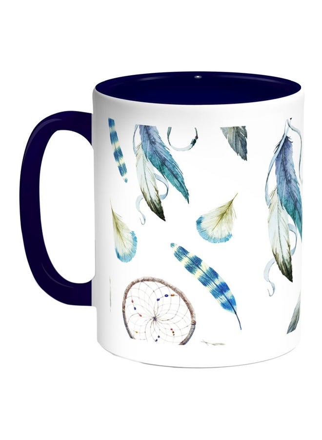 RYN Bird Feathers Printed Coffee Mug Blue/White/Grey 11ounce