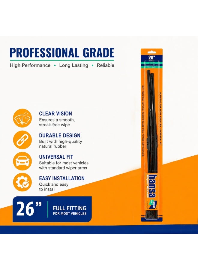 HANSA 26 Inch (660mm) Universal Car Windshield Wiper Blade Set, Premium Natural Rubber Wiper Blades, Metal Frame Windshield Wipers, All Season Rain Wiper, Streak Free Cleaning, Quiet Operation, Easy Installation, Front Glass Wiper Blades for Cars ERPCWP 10046 - Image 3
