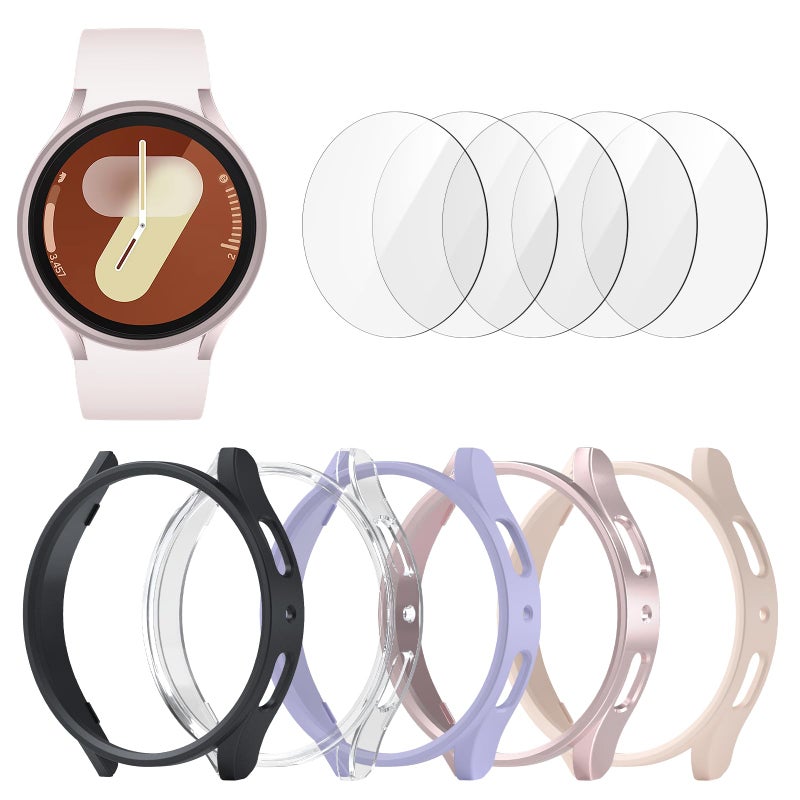 BHARVEST [5+5 Pack] Galaxy Watch 7 40mm Screen Protector, Waterproof Case Protective Cover+Tempered Glass Screen Protector Ultra-Thin Hard PC Guard Bumper for Samsung Galaxy Watch 7 40mm Women - Image 1