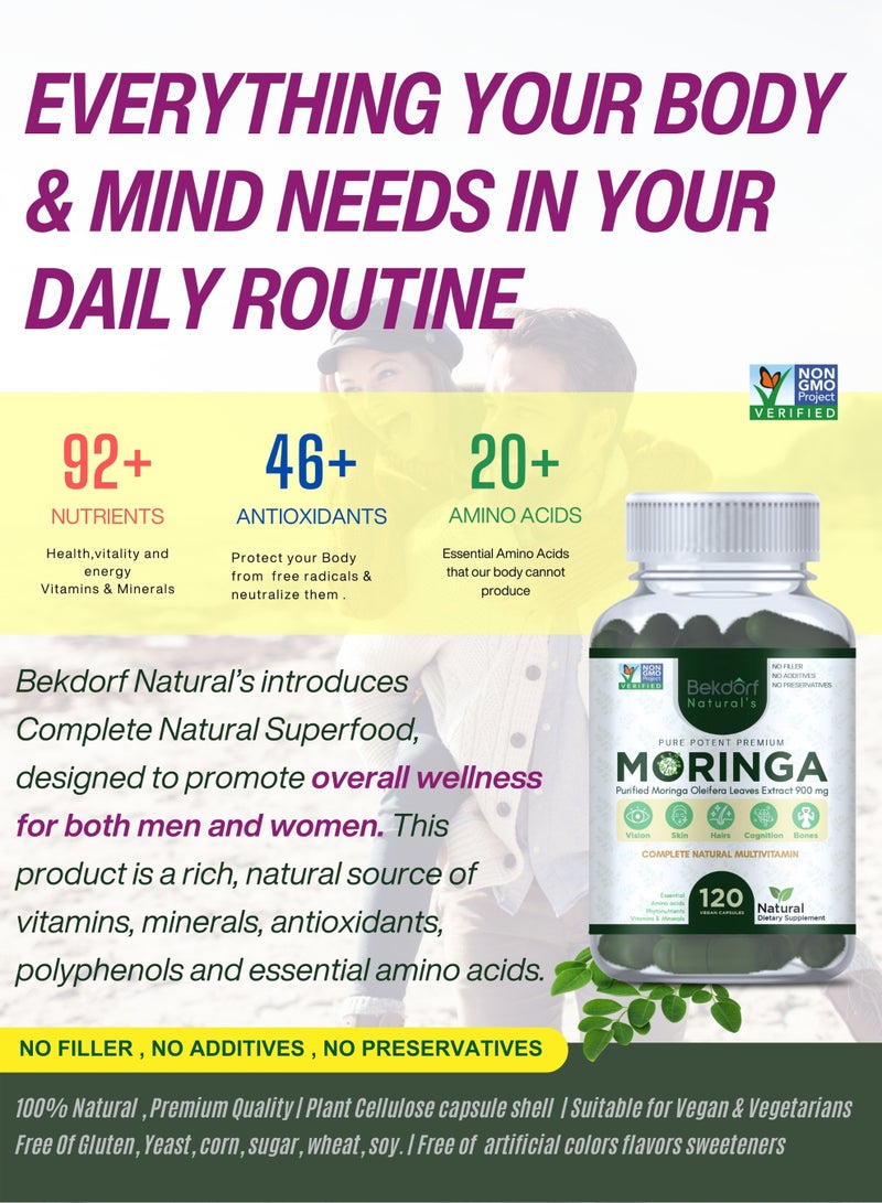 بيكدورف مستخلصات أوراق المورينجا النقية (موحدة بنسبة 5% صابونين) - غذاء خارق طبيعي كامل، غذاء خارق أخضر منشط، يدعم المناعة، مضاد للأكسدة، يعزز عملية الأيض، نقي 100%، خالٍ من المواد المضافة والمواد الحافظة - 60 كبسولة نباتية - Image 2