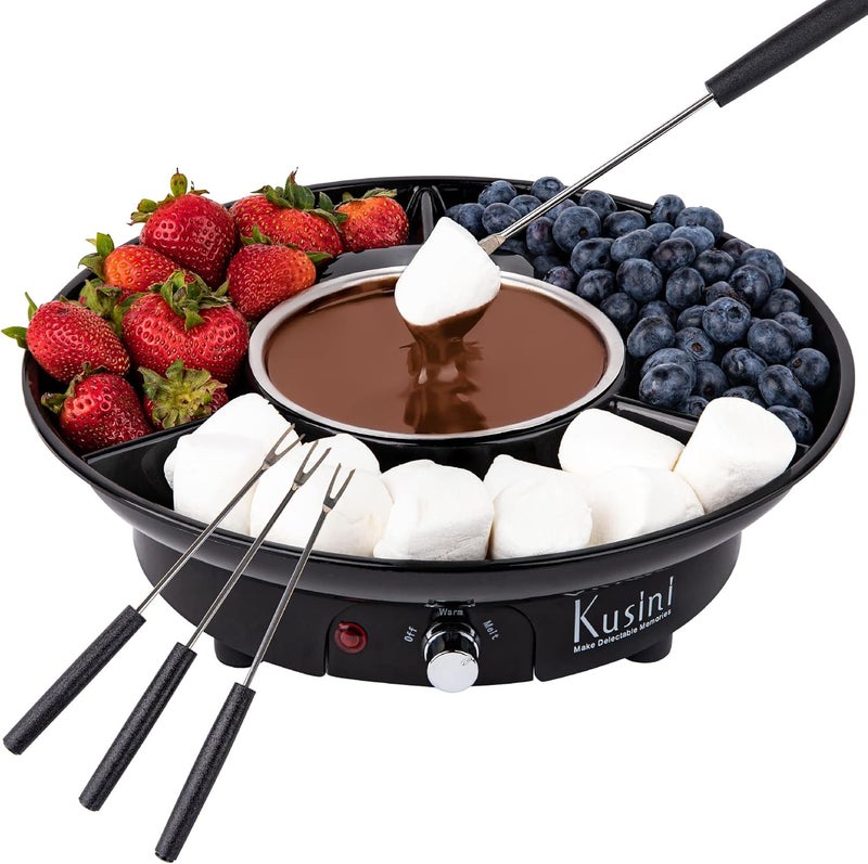 Kusini Electric Fondue Pot Set - Chocolate Fondue Kit - Temperature Control, Detachable Serving Trays, & 4 Roasting Forks - Gift Set & Date Night Idea. Serve at Movie Night or Game Night. - Image 1