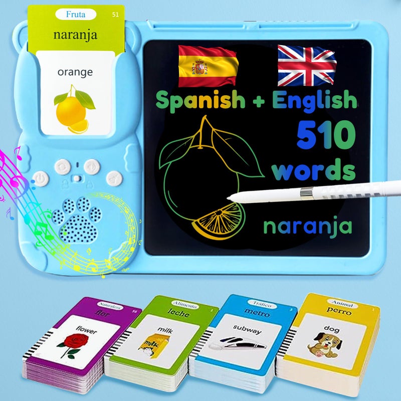 MoLingvora Drawing Tablet with Bilingual Flashcards for Kids Spanish English Talking Flash Cards LCD Writing Pad Board Pocket Speech for Toddlers Learning Toy Gift for Boys Girls Spanish Blue - Image 3