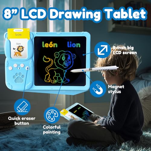 MoLingvora Drawing Tablet with Bilingual Flashcards for Kids Spanish English Talking Flash Cards LCD Writing Pad Board Pocket Speech for Toddlers Learning Toy Gift for Boys Girls Spanish Blue - Image 5