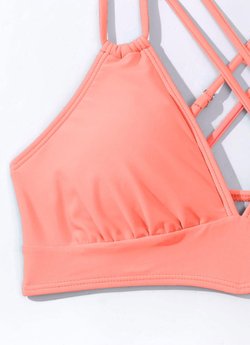 Tainehs Women's Push Up V Neck Bikini Tops Criss Cross Back Padded Bathing Suit Top Only Coral Pink - Image 5