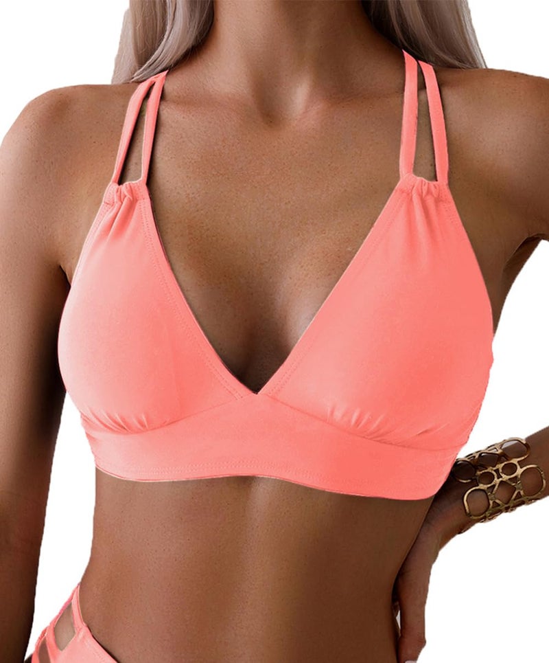 Tainehs Women's Push Up V Neck Bikini Tops Criss Cross Back Padded Bathing Suit Top Only Coral Pink - Image 1