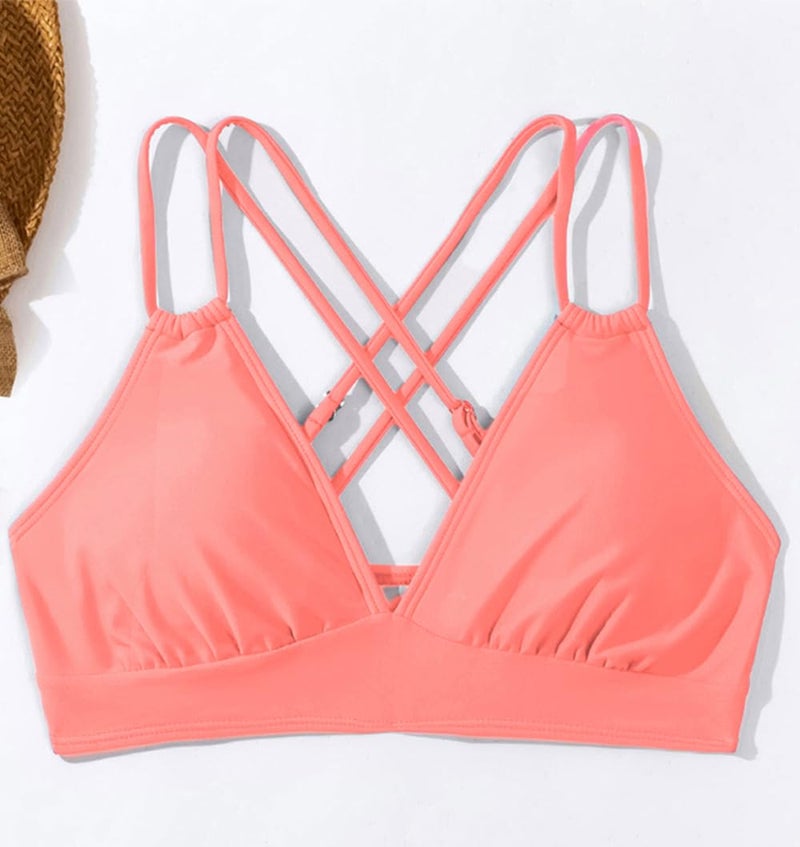 Tainehs Women's Push Up V Neck Bikini Tops Criss Cross Back Padded Bathing Suit Top Only Coral Pink - Image 3