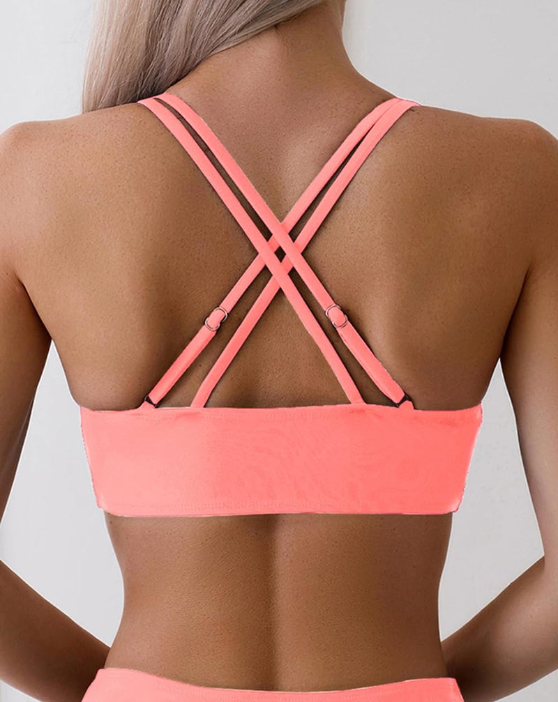 Tainehs Women's Push Up V Neck Bikini Tops Criss Cross Back Padded Bathing Suit Top Only Coral Pink - Image 2