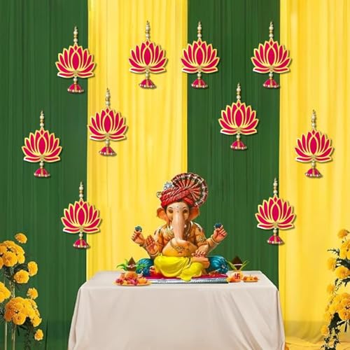 TONKWALAS Handmade Engineered Wood Wall Decor 6 Pcs Pink Lotus with jhumki Style Hanging Diwali Decoration for Home, Wedding & All Festival Decor Lotus for Temple/Pooja Decor (Pack-6) (PACK-10) - Image 4