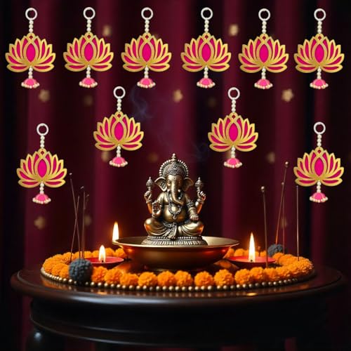 TONKWALAS Handmade Engineered Wood Wall Decor 6 Pcs Pink Lotus with jhumki Style Hanging Diwali Decoration for Home, Wedding & All Festival Decor Lotus for Temple/Pooja Decor (Pack-6) (PACK-10) - Image 1