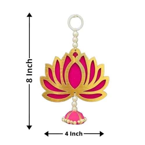 TONKWALAS Handmade Engineered Wood Wall Decor 6 Pcs Pink Lotus with jhumki Style Hanging Diwali Decoration for Home, Wedding & All Festival Decor Lotus for Temple/Pooja Decor (Pack-6) (PACK-10) - Image 2