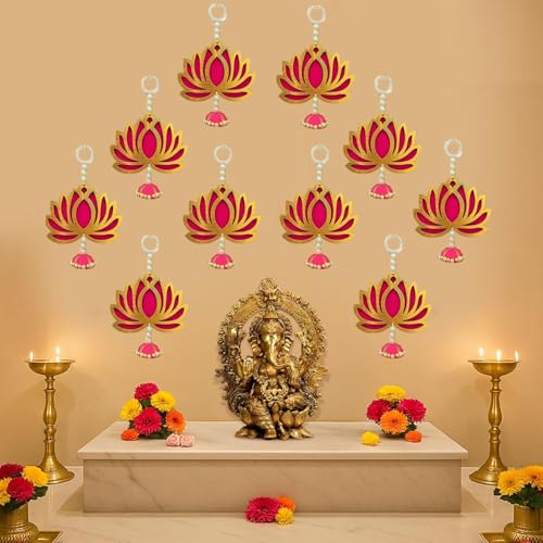 TONKWALAS Handmade Engineered Wood Wall Decor 6 Pcs Pink Lotus with jhumki Style Hanging Diwali Decoration for Home, Wedding & All Festival Decor Lotus for Temple/Pooja Decor (Pack-6) (PACK-10) - Image 3
