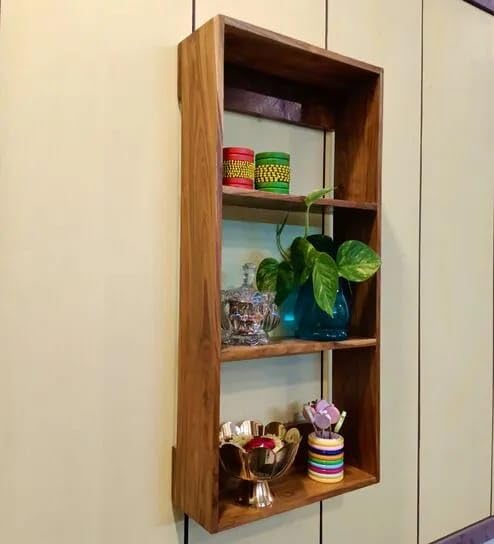 carpentray Solid Sheesham Wooden Wall Mounted Rack Organizer Wall Shelf for Kitchen Storage Boxes 4 Shelf Rank - Image 1