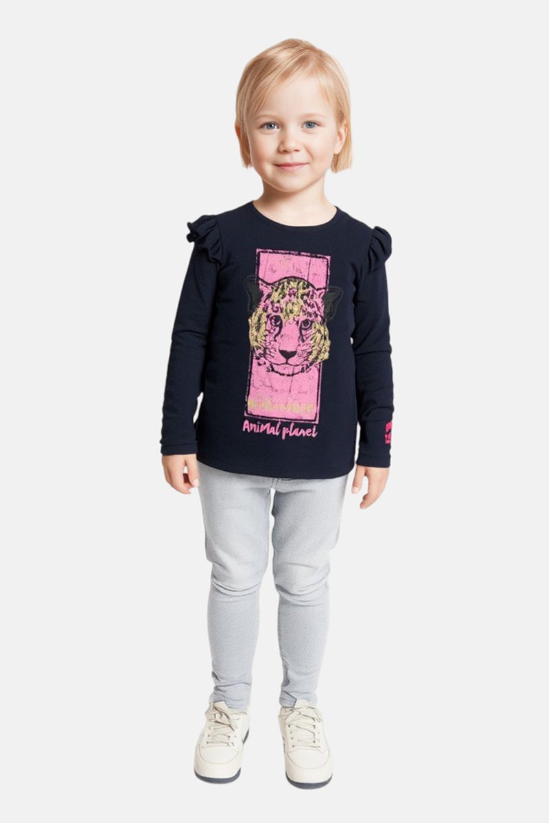 NAME IT Kids Girl Crew Neck Long Sleeve Animal Planet T-Shirt, Navy - Image 1