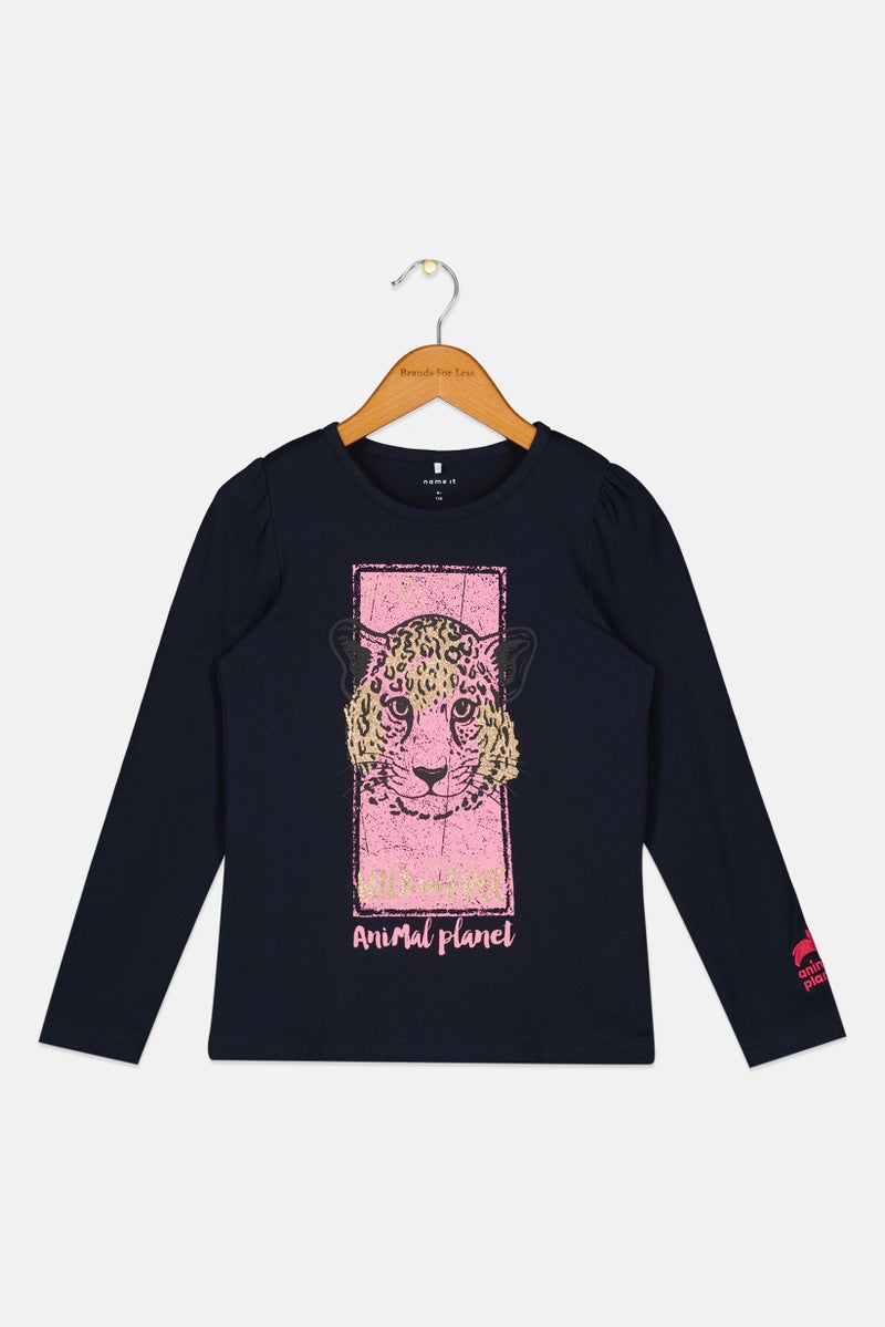NAME IT Kids Girl Crew Neck Long Sleeve Animal Planet T-Shirt, Navy - Image 3