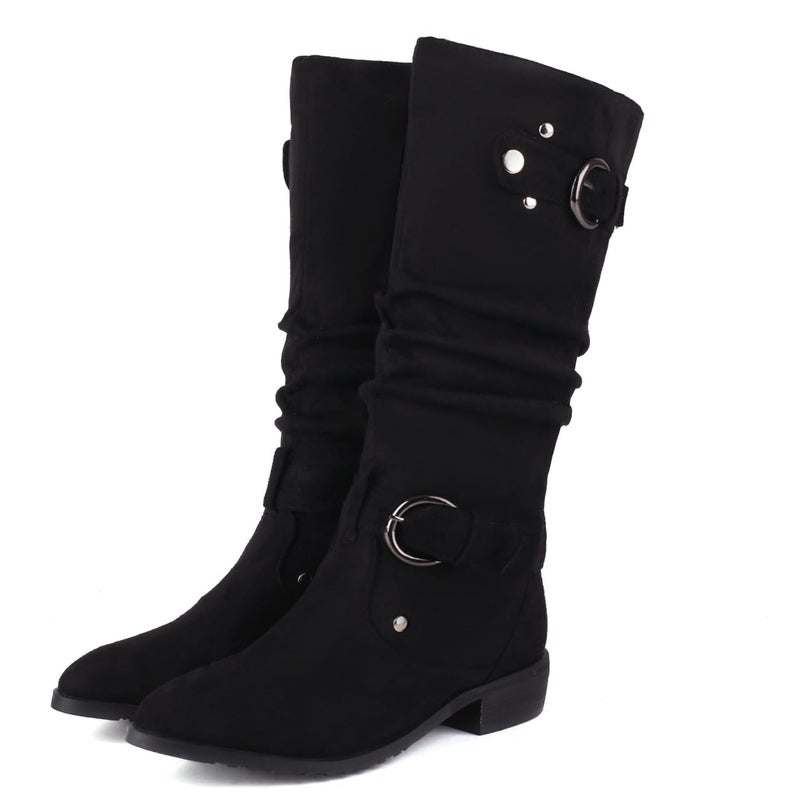 MRKEWUNEY Casual Women's Shelley Knee High Slouch Boots, Pull On, Internal Increase, Pleated Mid Calf, Round Toe, Wide Calf, Flat, Black, Size 37 - Image 3