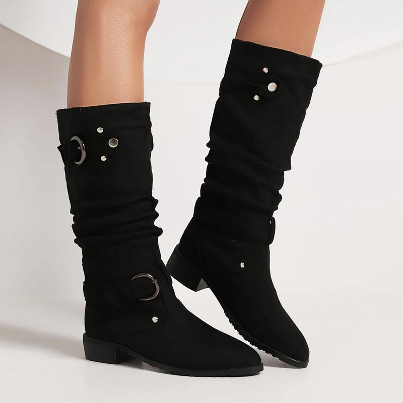 MRKEWUNEY Casual Women's Shelley Knee High Slouch Boots, Pull On, Internal Increase, Pleated Mid Calf, Round Toe, Wide Calf, Flat, Black, Size 37 - Image 4