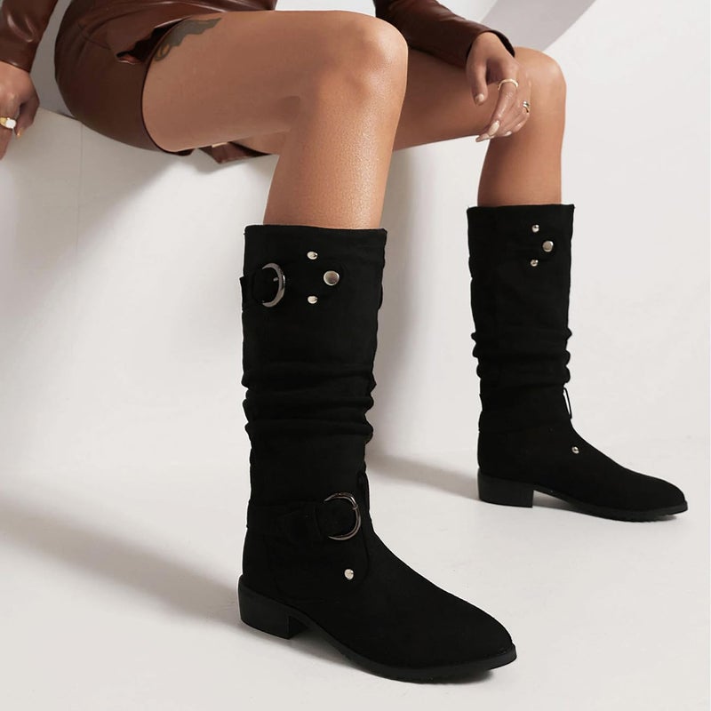 MRKEWUNEY Casual Women's Shelley Knee High Slouch Boots, Pull On, Internal Increase, Pleated Mid Calf, Round Toe, Wide Calf, Flat, Black, Size 37 - Image 5