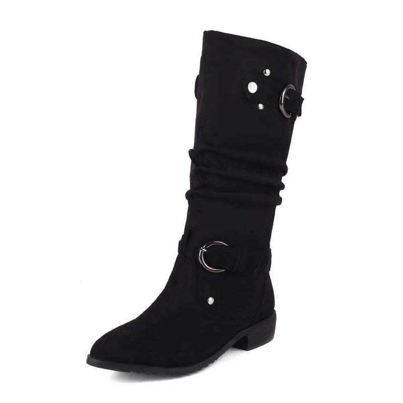 MRKEWUNEY Casual Women's Shelley Knee High Slouch Boots, Pull On, Internal Increase, Pleated Mid Calf, Round Toe, Wide Calf, Flat, Black, Size 37 - Image 1