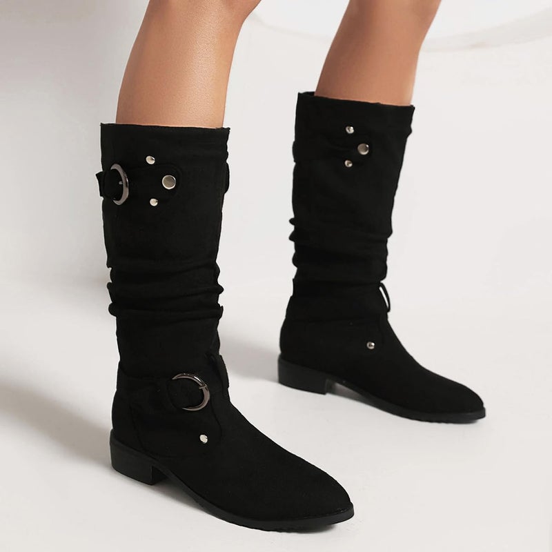MRKEWUNEY Casual Women's Shelley Knee High Slouch Boots, Pull On, Internal Increase, Pleated Mid Calf, Round Toe, Wide Calf, Flat, Black, Size 37 - Image 2