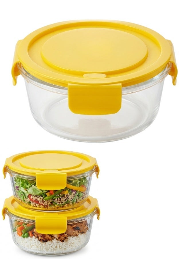 Heat-Resistant Borosilicate Glass Food Storage Container Set with Airtight Locking Lids 620ml 2 Pieces Yellow - Image 1