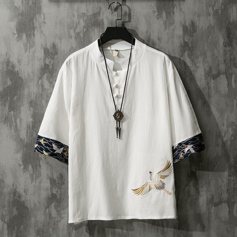 Trendy Brand Summer Chinese Style Linen Short-sleeved T-shirt Men's Trendy Youth Half-sleeved Thin Men's Cotton and Linen Base Shirt - Image 1