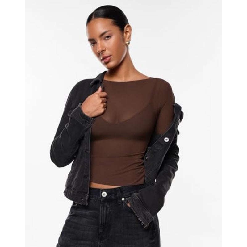 Anleric Women's Sheer Mesh Blouse Long Sleeve Sheer Boat Neck Blouse Outfits Fashion Sexy Shirts - Image 3