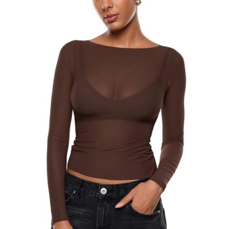 Anleric Women's Sheer Mesh Blouse Long Sleeve Sheer Boat Neck Blouse Outfits Fashion Sexy Shirts - Image 1