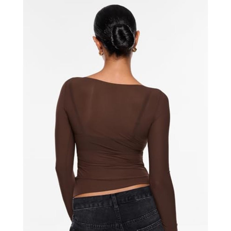 Anleric Women's Sheer Mesh Blouse Long Sleeve Sheer Boat Neck Blouse Outfits Fashion Sexy Shirts - Image 5