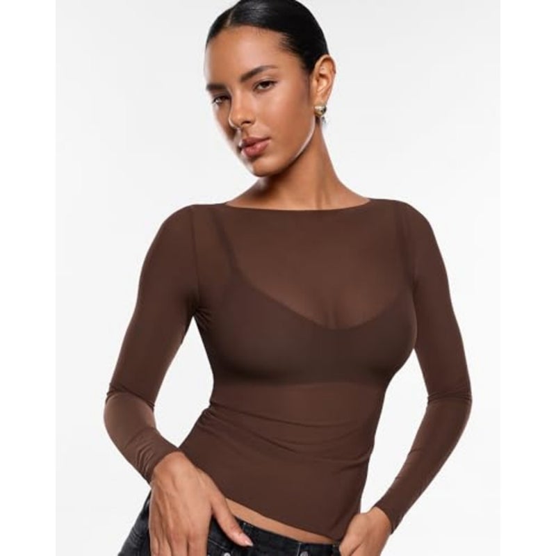 Anleric Women's Sheer Mesh Blouse Long Sleeve Sheer Boat Neck Blouse Outfits Fashion Sexy Shirts - Image 4