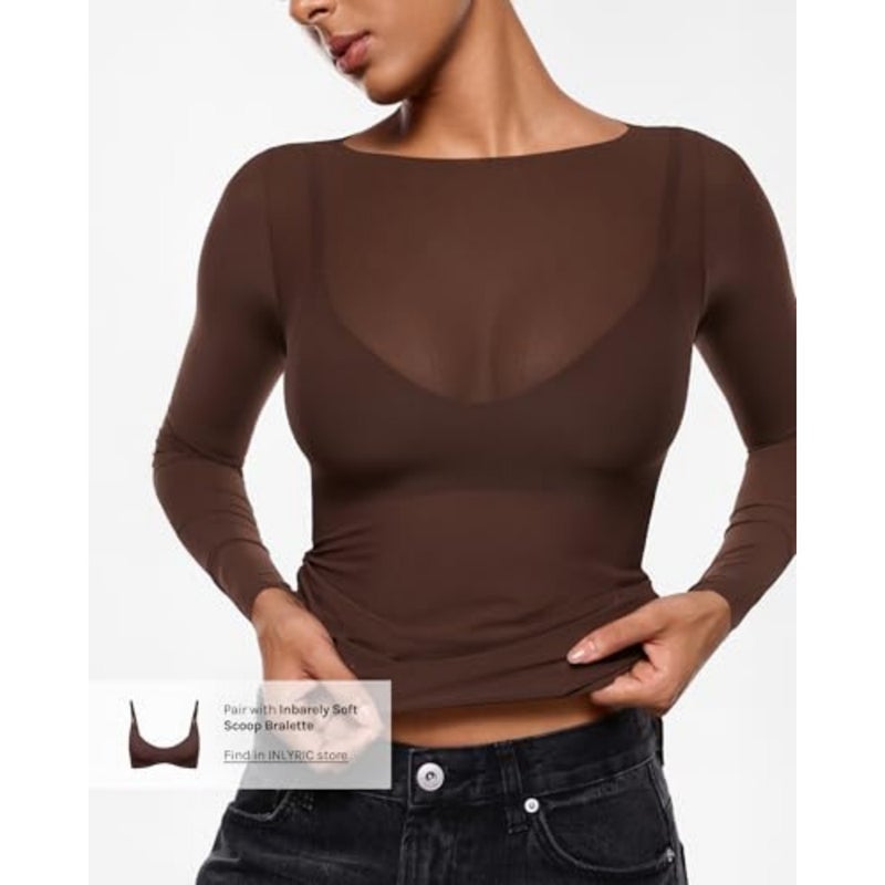 Anleric Women's Sheer Mesh Blouse Long Sleeve Sheer Boat Neck Blouse Outfits Fashion Sexy Shirts - Image 2
