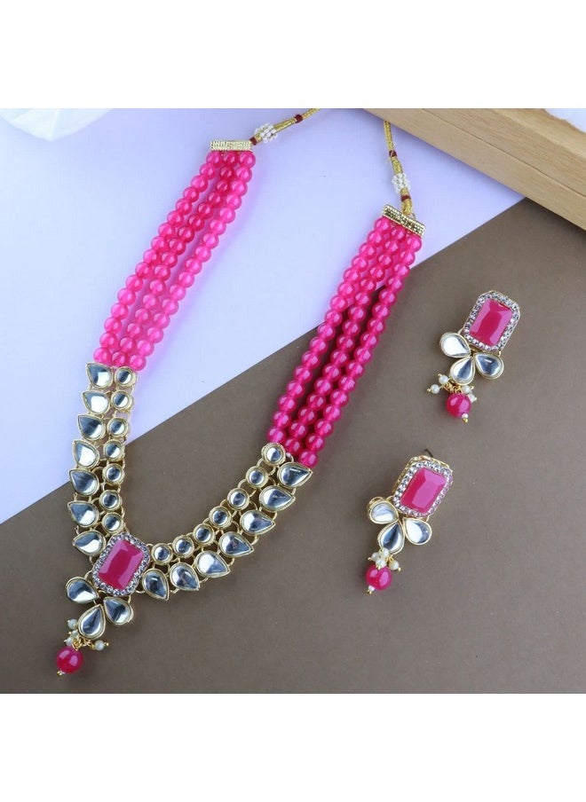 I Jewels I Jewels 18K Gold Plated Traditional White Kundan Studded Multi Layered Pearl Necklace Jewellery Set with Dangle Earrings for Women And Girls (IJ354Q)  - Image 2