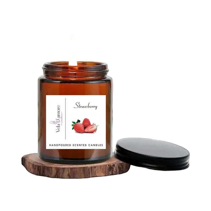 Vela D'amore candles Vela Damore candles Handmade Amber Jar Candle Scented EcoFriendly Soy Wax LongLasting Burn Black Aluminium Screw Cap Perfect for Home Dcor Relaxation 200g Strawberry