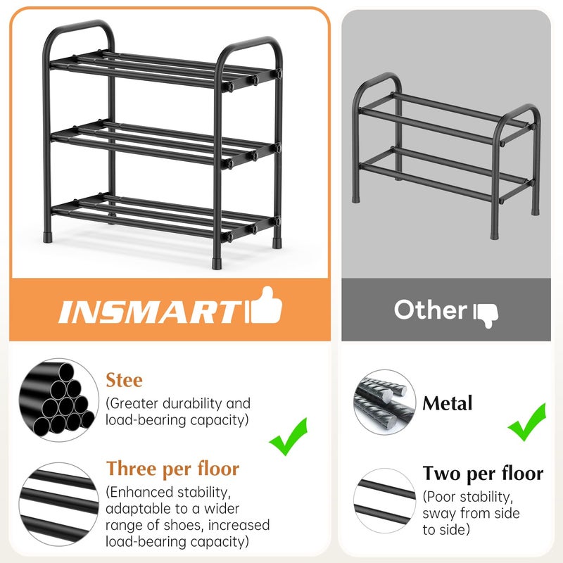 INSMART 3-Tier Expandable Shoe Rack, Stackable and Adjustable Shoes Organizer Storage Shelf, Sturdy and Durable Metal Structure Free Standing Shoe Rack for Closet Entryway Doorway - Image 4