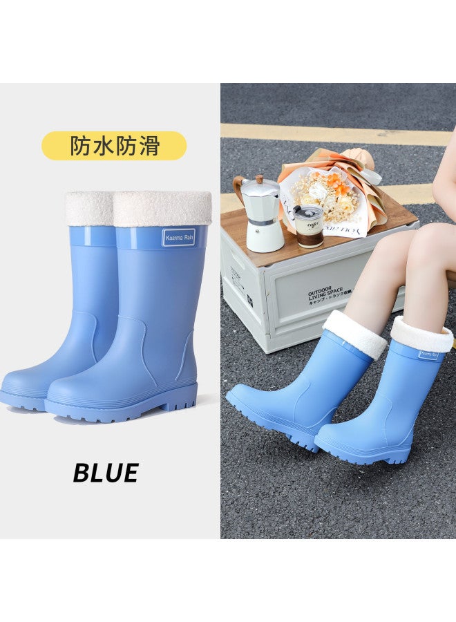 Style Khaki Brown Waterproof Drawstring Mid-calf Women's Rubber Shoes With Ankle Strap Rain Boots For Women, Outdoor Thick-soled Height-increasing Women's Boots, Safety Boots