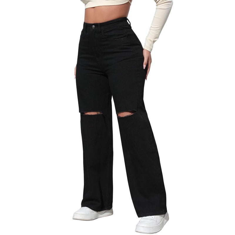 LONGBIDA Womens High Waist Ripped Straight Wide Leg Baggy Jeans Y2k Boyfriend Distressed Loose Denim Pants(Black,S) - Image 1