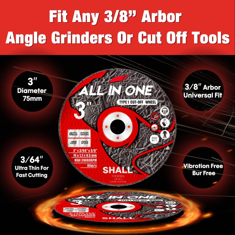 SHALL 25-Pack Cut Off Wheels 3â€ x 3/8â€ x 3/64â€ - Ultra Thin Cutting Wheel with Pouch for Angle Grinder & Cut-Off Tools - Fast Cutting Disc for INOX, Steel, Iron, Non-Ferrous Metal & PVC - Image 2