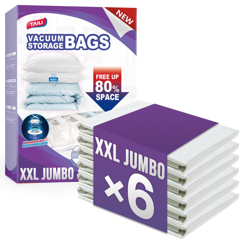 تايلي عبوة من 6 أكياس تخزين مفرغة من Taili لللحاف والبطانيات مقاس Xxl أكياس كبيرة الحجم للغلق بالفراش (47 × 39 بوصة) مساحة كبيرة لوسائد فراش الألعاب توفر مساحة أكبر في الخزانة - Image 1