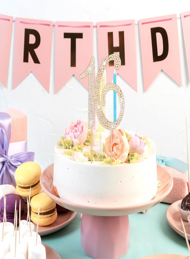 DOPENSPI 16 Cake Topper, Rhinestone 16th Birthday Cake Topper Happy 16 Crystal Rhinestones Cakes Toppers Crystal Rhinestones Birthdays Cakes Decoration for Quinceanera Birthday Anniversary(Gold) - Image 2