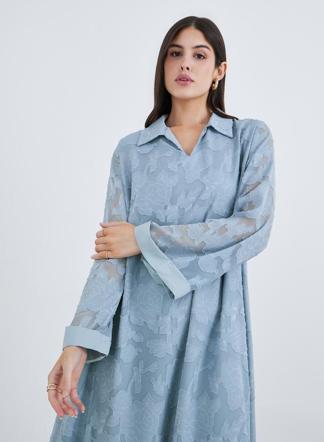 Styli Women Blue Jacquard Jalabiya with Collar and Placket Detail - Image 3