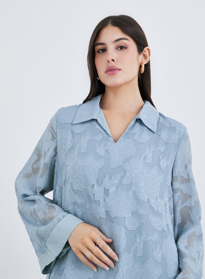 Styli Women Blue Jacquard Jalabiya with Collar and Placket Detail - Image 4