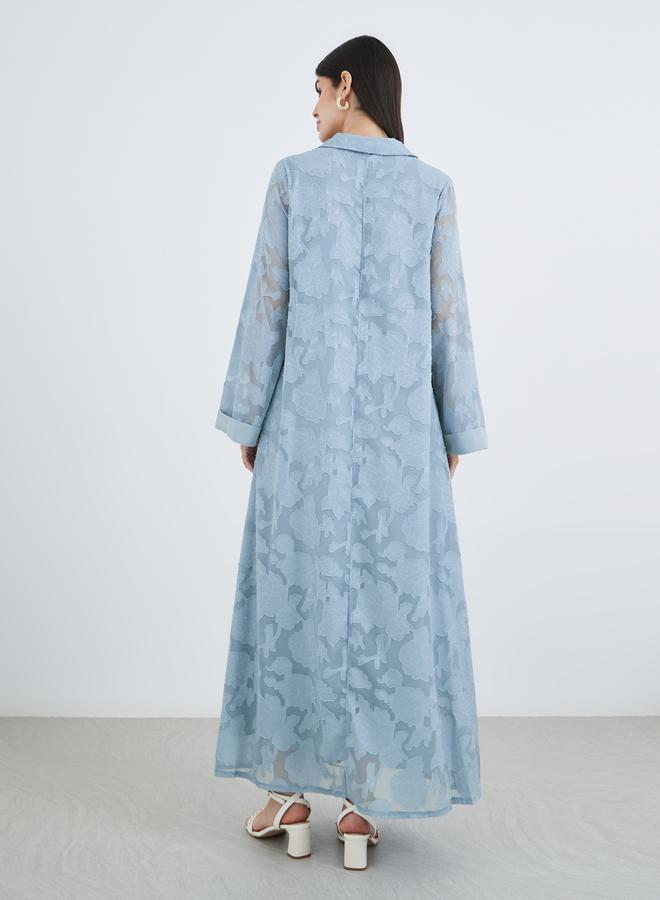 Styli Women Blue Jacquard Jalabiya with Collar and Placket Detail - Image 5