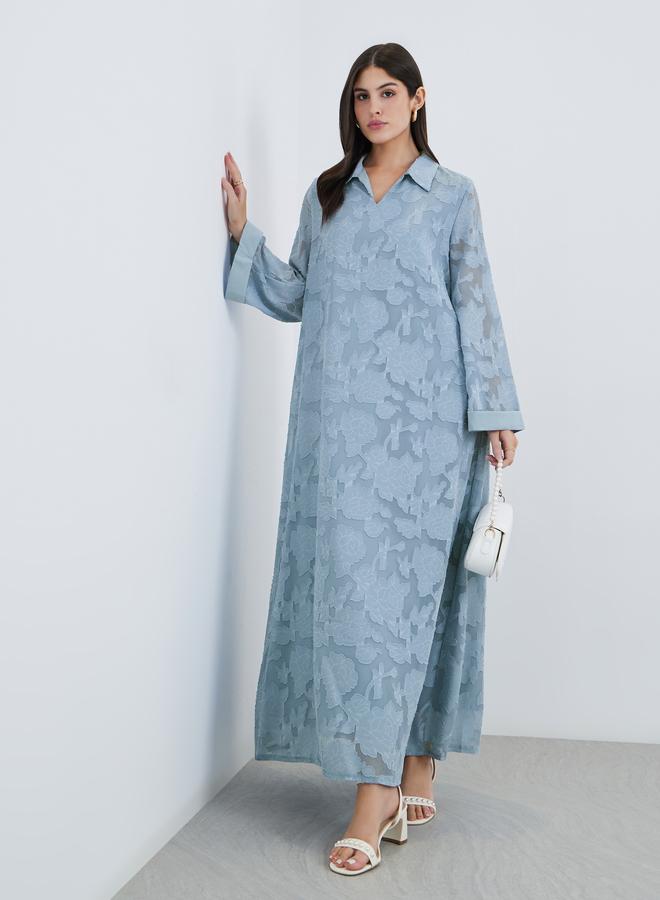Styli Women Blue Jacquard Jalabiya with Collar and Placket Detail - Image 1