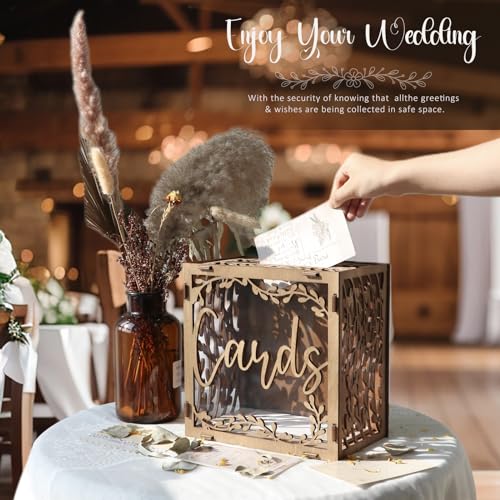 OurWarm Wedding Card Box with Window, Brown Wooden Box Wedding Decorations for Reception, Money Index Card Box for Wedding Bridal Shower Rustic Wedding Decor Party Decorations - Image 3